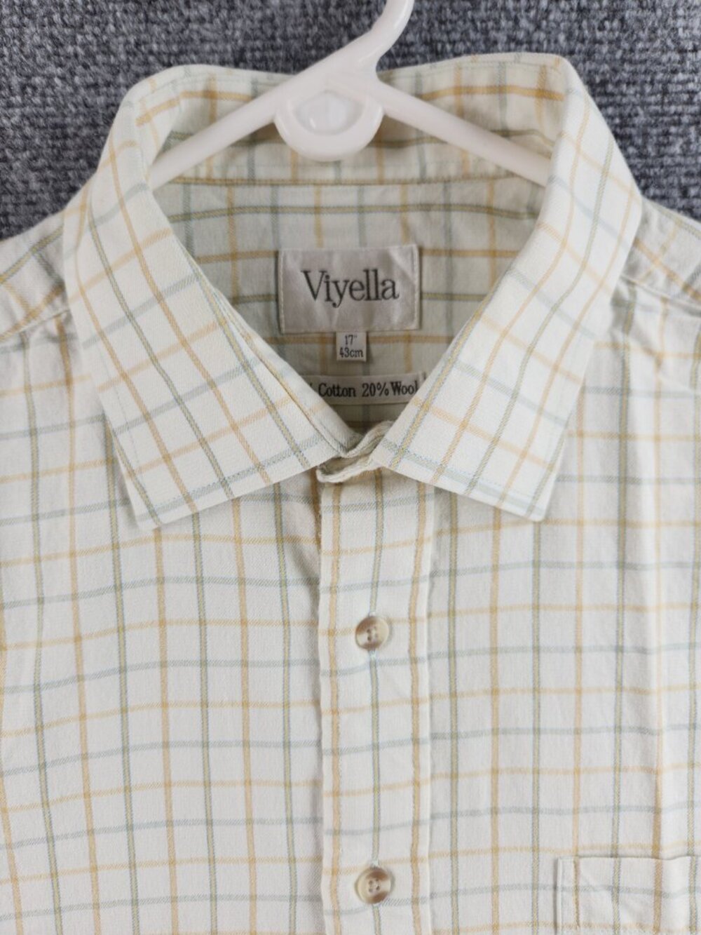 Viyella Men Size 17 Cotton Wool Short Sleeve Button Up Shirt Beige Yellow Check